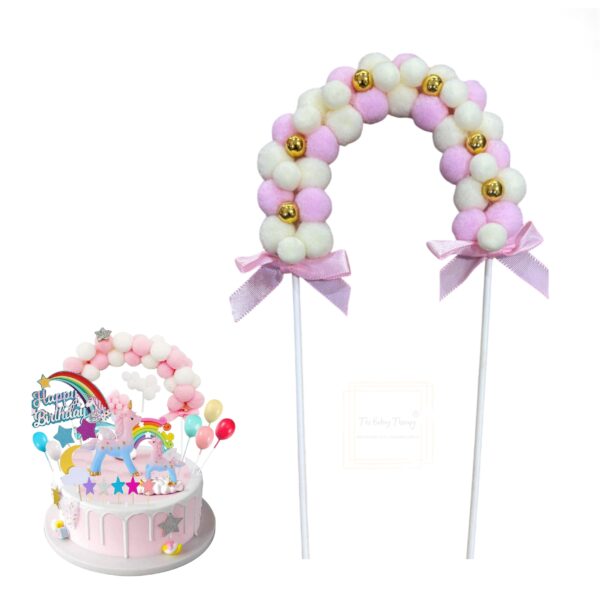 pink-pom-pom-arch-with-gold-beads cake-topper