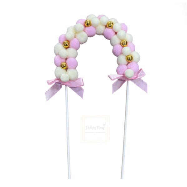 Pink Pom Pom Arch With Gold Beads Cake Topper - Image 2